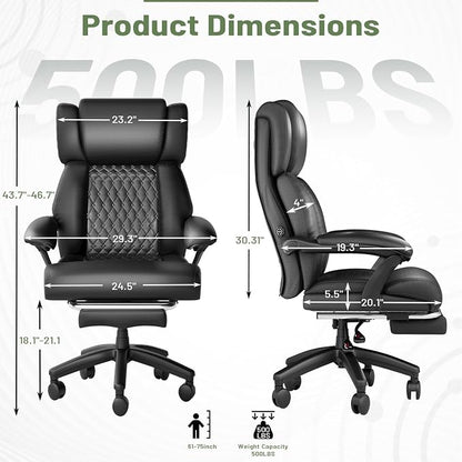 HOMREST 500lbs Big and Tall Office Chair, Ergonomic Heavy Duty Chair with Adjustable Lumbar Support & Backrest, Executive Leather Office Chair with Wide Armrests and Wheels (Black)