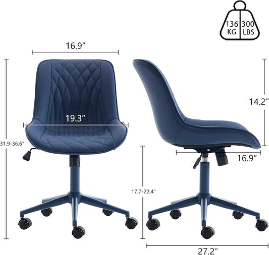 YOUNIKE Faux Leather Ergonomic Office Chair Armless Comfy Desk Chair with Rocking Back Cute Swivel Vanity Chair with Wheels Height Adjustable Small Computer Task Chair for Sewing Drafting Navy Blue