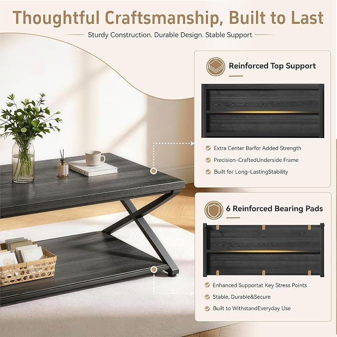 Coffee Table for Living Room, 2 Tier Rectangular Tea Table, Industrial Center Table forBedroom Home Office, Black,47 Inch