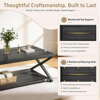 Coffee Table for Living Room, 2 Tier Rectangular Tea Table, Industrial Center Table forBedroom Home Office, Black,47 Inch