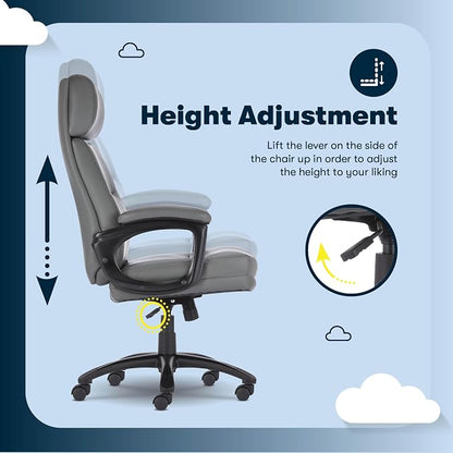 Serta Comfort Executive Big & Tall Office Chair, Ergonomic High-Back Computer DeskChair, Semi Plush Cushion Seat, Soft Padded Armrests, SertaQuality Foam, Metal Swivel Base, Bonded Leather, Gray