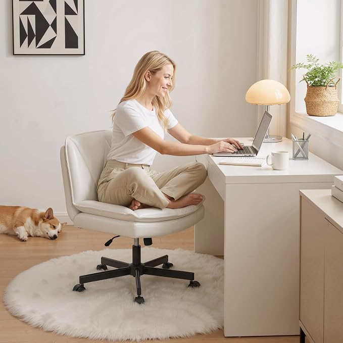 DurayLoly Criss Cross Chair with Wheels, Armless Cross Legged Office Chair with 2 Layer Comfy Leather & Back, 90°-120° Reclining, Wide Vanity Chair for Home Office, Beige