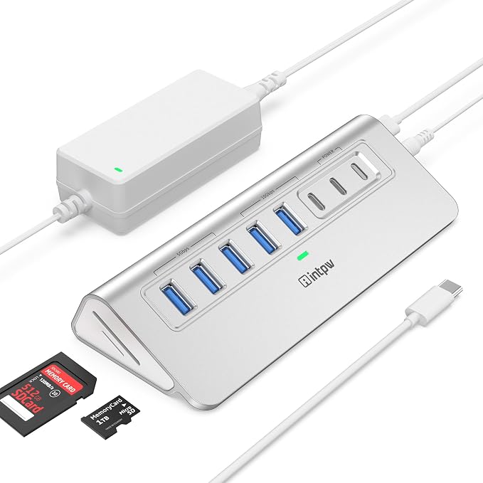 Powered USB Hub 10Gbps, Intpw YH6AC Plus 10-Port USB Hub 3.2 (USB A/USB C 3.2+3 USB-A 3.0+2 PD 45W Fast Charging Port+SD/TF Card Reader), 65W Power Adapter,Aluminum USB HUB for PC,Laptop,iPhone 17/16