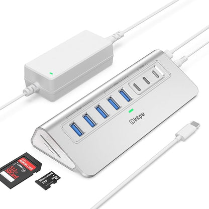 Powered USB Hub 10Gbps, Intpw YH6AC Plus 10-Port USB Hub 3.2 (USB A/USB C 3.2+3 USB-A 3.0+2 PD 45W Fast Charging Port+SD/TF Card Reader), 65W Power Adapter,Aluminum USB HUB for PC,Laptop,iPhone 17/16