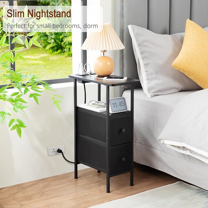LOAKEKEL Narrow Nightstand with Charging Station, End Tables Living Room Set of 2, Skinny Side Table with Fabric Drawers, Slim Sofa Table for Bedroom, Small Spaces, Couch, Black, HETNDP02BK