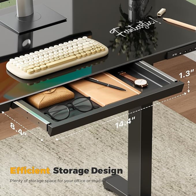 Glass Electric Standing Desk with Drawer, 35" x 20" Whole Piece Tabletop Samll Sit Stand Table, Height Adjustable Workstation with Storage & USB Ports, Quick Install Home Office Desk