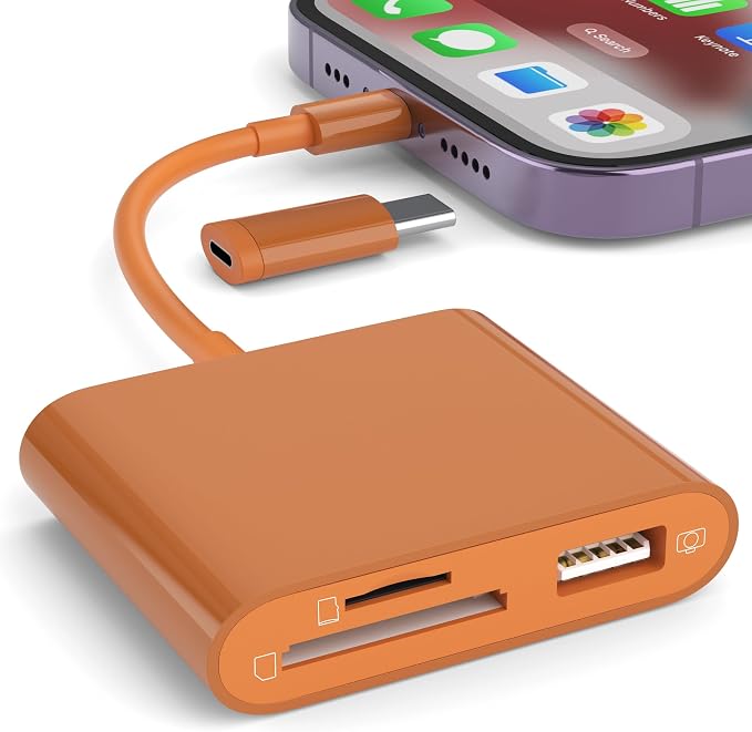 SD Card Reader for iPhone, Memory Card Reader with USB-C to Light-ning Adapter Plug and Play Trail Game Camera Micro SD Card Viewer Support SD/TF Card and USB for iPad No App Required (Terracotta)
