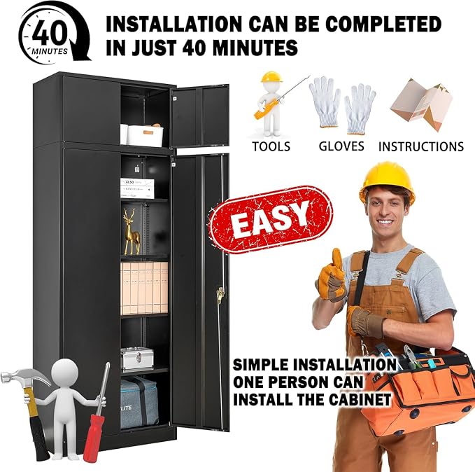 Metal Storage Cabinet, 87 Inch Tall Locking Cabinet with Top Cabinet, Heavy Duty Garage Cabinet with Doors and 4 Adjustable Shelves, Pantry Cabinets for Office, Garage, Home-Black