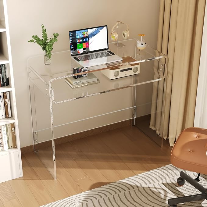 Acrylic Office Desk, Modern Laptop Writing Study Table with Open Storage, Transparent Console Entryway Table, 33.5" L x 15.8" W x 29.5" H, for Home, Bedroom (Clear)