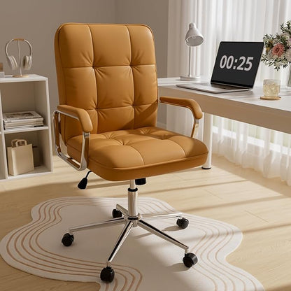 HomeZeer Brown Office Chair, Mid Back Leather Desk Chair with Wheels and Padded Arms, Swivel Vanity Chair for Bedroom, Computer Chair for Study and Work