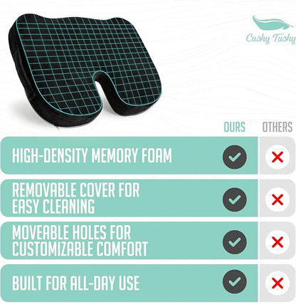 Cushy Tushy Premium Seat Cushion with Moveable Holes, Customizable Foam – Relief for Lower Back, Sciatic, & Tailbone Pain – Perfect for Driving, Home & Office – Black Fabric Cover
