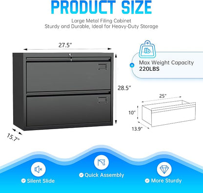 Greenvelly 2 Drawer Filing Cabinet, Black Lateral File Cabinet with Lock, Metal File Cabinets with Adjustable Hanging Bars&2 Keys, Locking File Cabinet for Home Office, Legal/F4/Letter, Etc