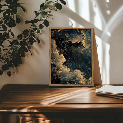 Dark Academia Cloud Wall Art, Vintage Moody Celestial Canvas Wall Decor Paintings, Maximalist Gold Night Sky Stars Aesthetic Posters Prints Pictures for Living Room Bedroom Home Decor 12x16 In Framed