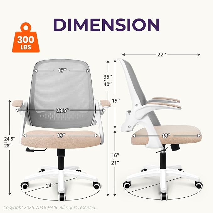 NEO CHAIR Office Desk Gaming Ergonomic Computer Chair with Lumbar Back Support Adjustable Height Swivel Rolling Wheels Flip-up Arms Mesh Chair for Home Vanity (Beige)