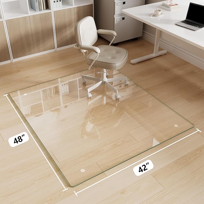 Glass Chair Mat 42" x 48" Heavy Duty Tempered Glass Office Chair Mat, Glass Floor Mat with Polished Edge and Round Corner for Smooth Glide, Office Chair Mat for Carpet, Hardwood Floor
