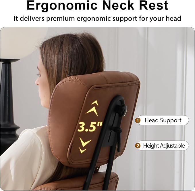 E-Motie Ergonomic Leather Office Chair, Computer Desk Chair, Brown | Adjustable Headrest, 360° Swivel & Rolling Wheels, Lumbar Support, Padded Arms, High Back, for Long Hours Sitting