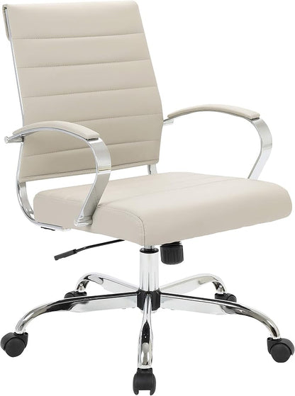 LeisureMod Benmar Leather Office Desk Chair, Mid-Back Ergonomic Swivel Chair with Lumbar Support, Adjustable Height, Tilt Lock, Cushioned Seat & Back, Home Office Task Chair (Tan, Single)