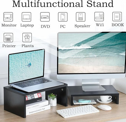 TEAMIX 2 Pack Black Monitor Stand Riser, Wood 2 Tier Adjustable Stand for 2 Monitors/Laptop/PC