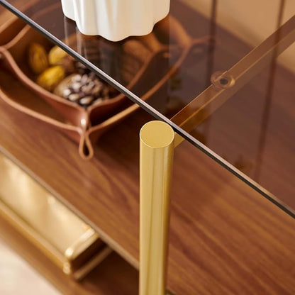 LumFurn Glass Console Table for Living Room, Foyer & Entryway, L41 x W14 x H31 Inch, 3-Tier Mid-Century Modern Sofa Table with Amber Glass Top, Walnut Finish Wood Shelf and Gold Finish Frame