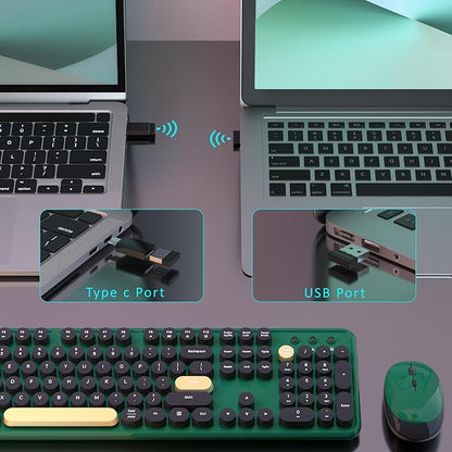 Colorful Wireless Keyboard and Mouse Combo, Retro Typewriter Style Round Keys, 2.4GHz Ergonomic Aesthetic Computer Keyboard with Wrist Rest for Mac, Windows, Laptop, PC(Dark Green)
