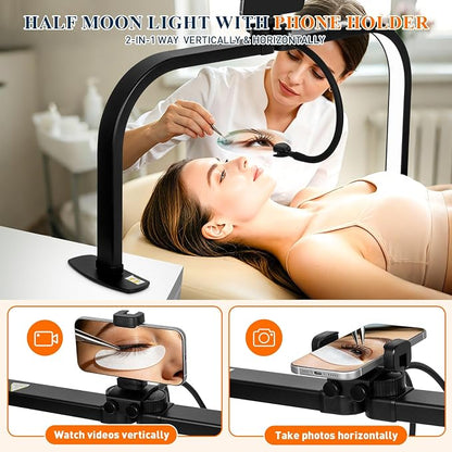 Half Moon Nail Light for Desk with 5X Magnifier & Phone Holder, LED Arch Tech Lamp 30" Foldable for Manicure Eyelash Extensions Tattoo Facial Salon Craft, 2700LM Multiple Brightness 3000-6000K