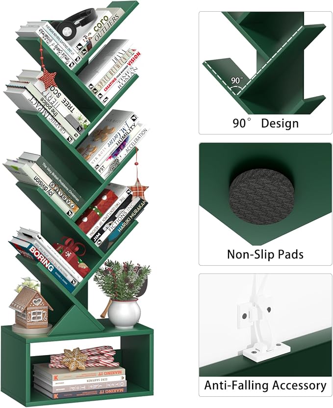 SHEEPAM 9 Tier Tree Bookshelf,Christmas Green Bookcase for Narrow Space, Storage Organizer Floor Standing Bookshelves for Books, Tall Book Case for Home Office, Living Room, Bedroom
