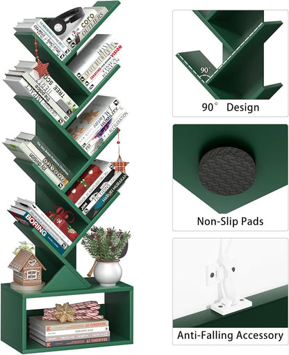 SHEEPAM 9 Tier Tree Bookshelf,Christmas Green Bookcase for Narrow Space, Storage Organizer Floor Standing Bookshelves for Books, Tall Book Case for Home Office, Living Room, Bedroom