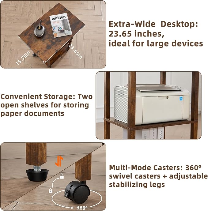 YUFAM 3 Tier Home Printer Stand with Storage, Wooden Mobile Printer Table Shelf, Rolling Printer Cart Shelf with Lockable Wheels fit Fax Machine, Scanner, Brown
