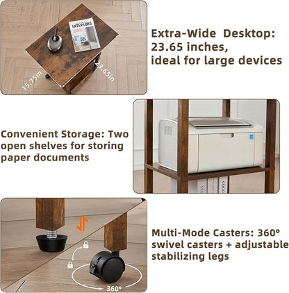 YUFAM 3 Tier Home Printer Stand with Storage, Wooden Mobile Printer Table Shelf, Rolling Printer Cart Shelf with Lockable Wheels fit Fax Machine, Scanner, Brown