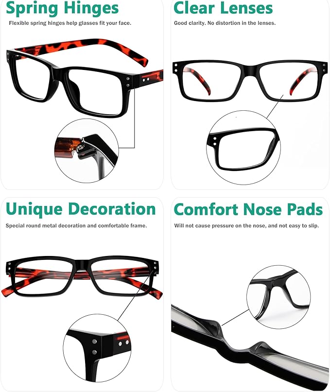 Eyekepper Vintage Reading Glasses for Men - 5 Pack Spring Hinges Classic Readers - Black Frame with Tortoie Arms +0.50
