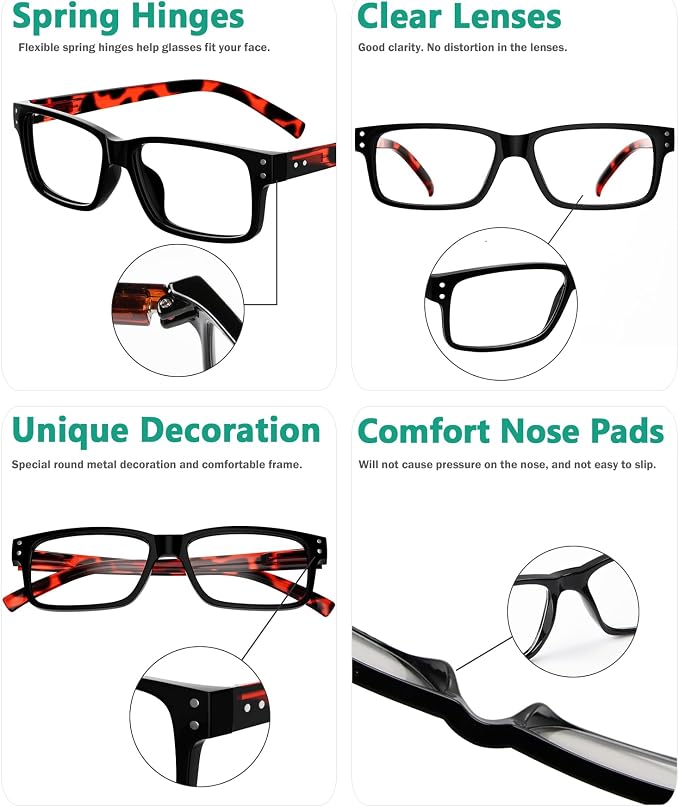 Eyekepper Vintage Reading Glasses for Men - 5 Pack Spring Hinges Classic Readers - Black Frame with Tortoie Arms +3.75