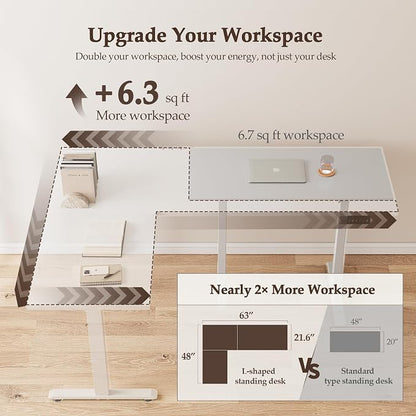 Klicelor L Shaped Standing Desk 63 x 48 Inch, Electric Height Adjustable Corner Desk for Home Office Workstation, Ergonomic Sit to Stand Computer Table with Memory Controller, White