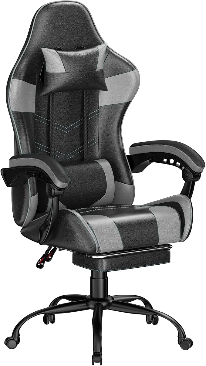 Gaming Chair with Footrest, Ergonomic Video Game Chair with Headrest and Lumbar Support, 400 lbs Adult Chair, Height Adjustable 360° Swivel High Back Reclining Computer Chair for Home Office (Grey)