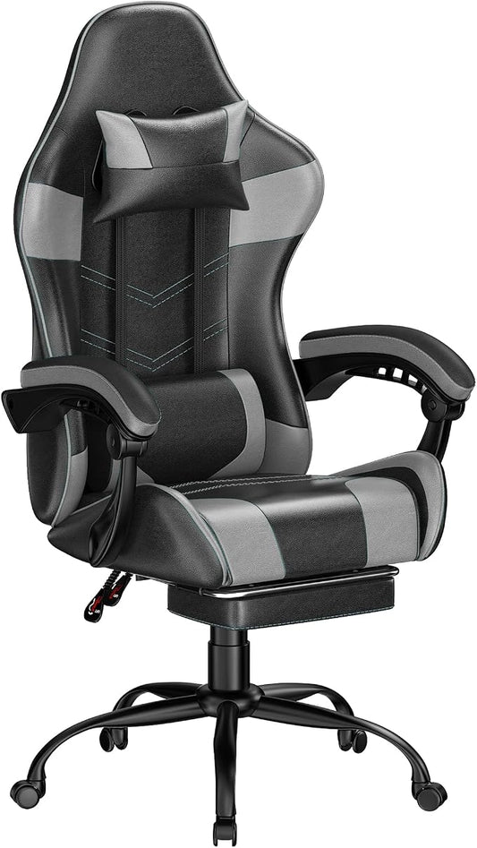 Gaming Chair with Footrest, Ergonomic Video Game Chair with Headrest and Lumbar Support, 400 lbs Adult Chair, Height Adjustable 360° Swivel High Back Reclining Computer Chair for Home Office (Grey)