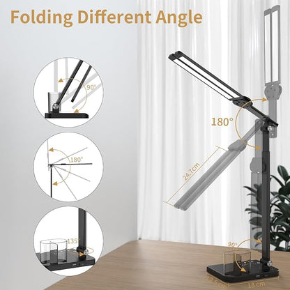 Woputne LED Desk Lamp, Dual Heads, Height Adjustable, USB Charging Port, 5 Light Modes & Dimmable Brightness, Bedside Lamp for Reading, Craft, Work, Study (Black, 15W)
