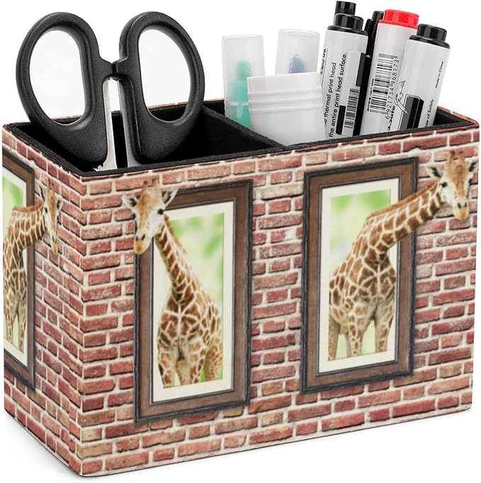 Pencil Holder for Desk, Curious Cute Giraffes Pen Holder Storage Desktop Pen Organizer Desk Pencil Organizer Makeup Brush Holder for Office School College Leather