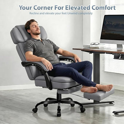 PRETZI Executive Office Chair 400LBS, Ergonomic Office Chair with Foot Rest, Heavy Duty Desk Chair for Home Office, Reclining High Back PU Leather Computer Chair Comfy, Gray