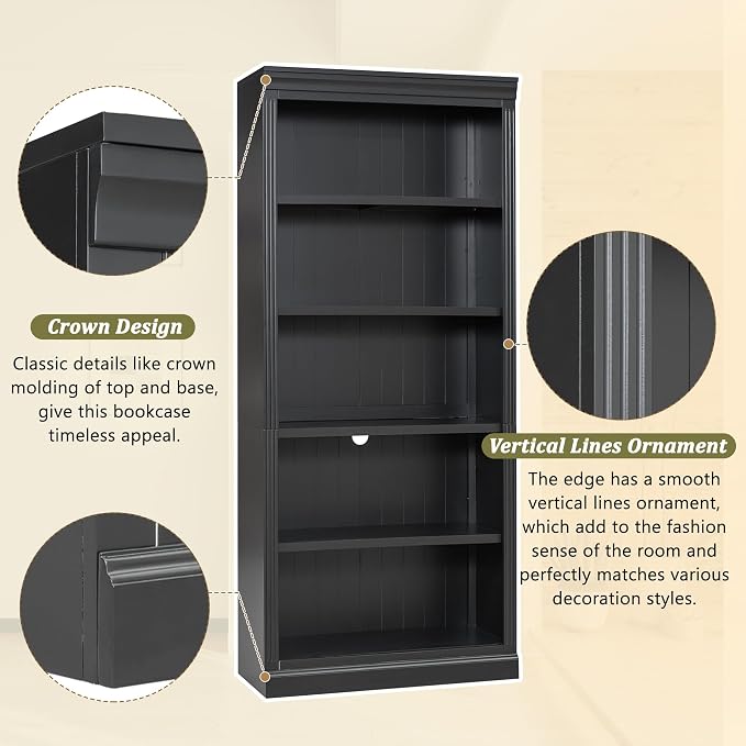83.4" Tall Wood Bookcase with light strip, 5-Tier Decor Bookshelves with Adjustable Shelves, Storage Organizer for CDs,Books,Movies, Free Standing Storage Shelves for Living Room,Home Office, Black