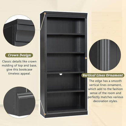 83.4" Tall Wood Bookcase with light strip, 5-Tier Decor Bookshelves with Adjustable Shelves, Storage Organizer for CDs,Books,Movies, Free Standing Storage Shelves for Living Room,Home Office, Black