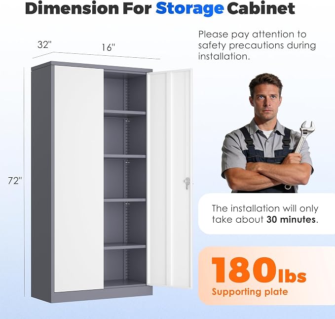 INTERGREAT Metal Garage Storage Cabinet with Lock, 72" Storage Cabinet with Locking Doors and 4 Adjustable Shelves, Lockable Steel Tool Cabinet for Home Office, School, Double Grey