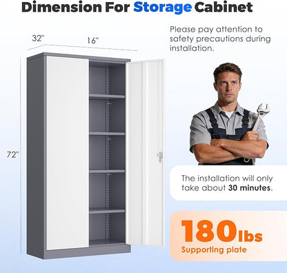INTERGREAT Metal Garage Storage Cabinet with Lock, 72" Storage Cabinet with Locking Doors and 4 Adjustable Shelves, Lockable Steel Tool Cabinet for Home Office, School, Double Grey