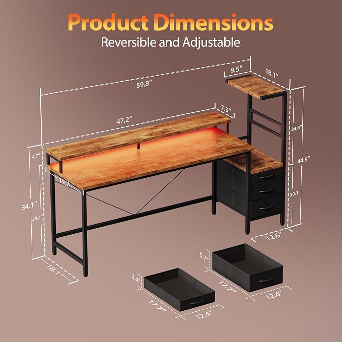 Mericonia 60 inch Gaming Desk with LED Lights & Power Outlets, Reversible Computer Desk with Storage Drawers & Monitor Stand, Large Gaming Table for Home Office