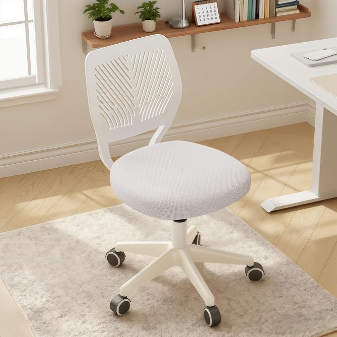 Armless Desk Chair Swivel Office Rolling Chair with Soft Padded Cushion, Height Adjustable Small Task Chair, Ergonomic Study Computer Chair for Kids Girls Boys Teens (White, 2PCS)