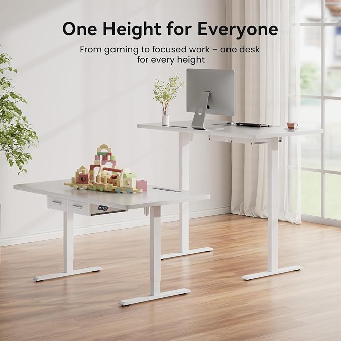 HLDIRECT Electric Standing Desk, 63 x 31.5 Inches Height Adjustable Table with Outlets, Sit Stand Computer Desk with Drawers for Home Office, Ergonomic Rising Workstation, White