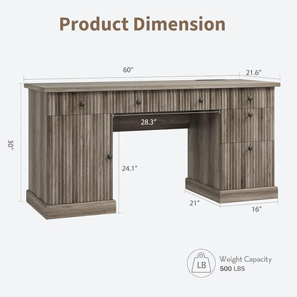 Garvee 60" Office Desk with Storage & Drawers, Fluted Wood Executive Desk with File Drawer & Charging Station, Modern Computer Desk with Adjustable Shelves for Home Office, Grey