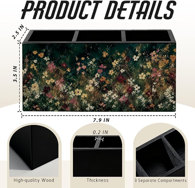 Moody Floral Pen Pencil Holder for Office Desk Accessories Decor | Cottagecore Office Accessories for Women, Wildflower Pen Pencil Wooden Organizer Decorations for Dorm Room Bedroom Tabletop