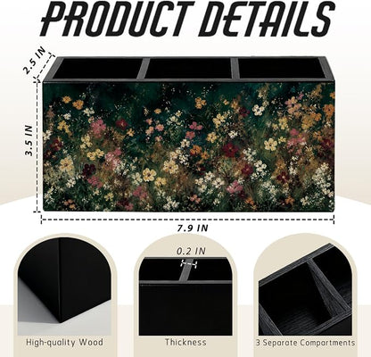 Moody Floral Pen Pencil Holder for Office Desk Accessories Decor | Cottagecore Office Accessories for Women, Wildflower Pen Pencil Wooden Organizer Decorations for Dorm Room Bedroom Tabletop