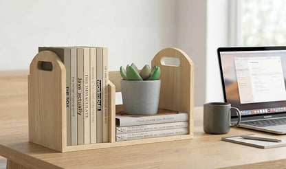 Wood Desktop Bookshelf, Upright Tabletop Book Shelf With Adjustable Divider Secure Books in Place, Desk Shelf for Top of Desk in Living Room, Home, Office, Perfect for Books, Cookbooks, Magazine, File