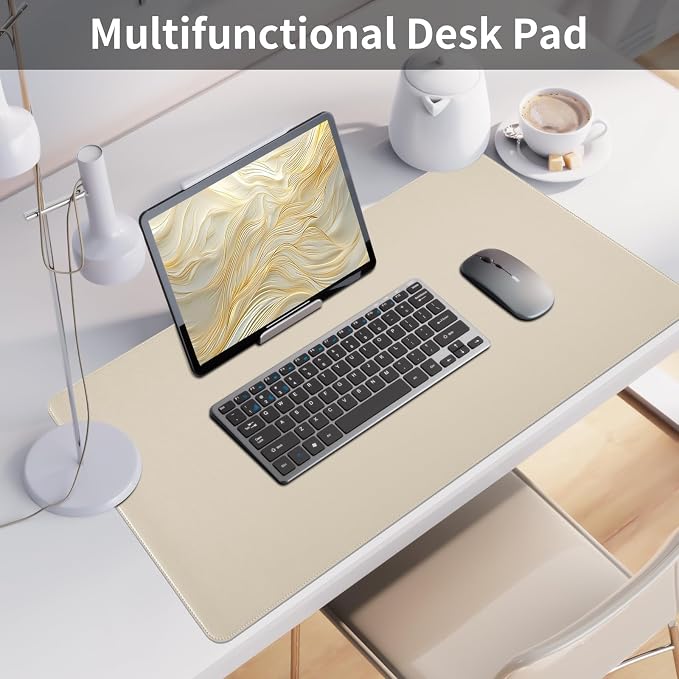 Beige Desk Mat with Stitched Edges, 31.5"×15.7" Keyboard Pad, Non-Slip Desk Protector Mat, Leather Desk Blotter, Waterproof Desk Pad for Office Home Decor