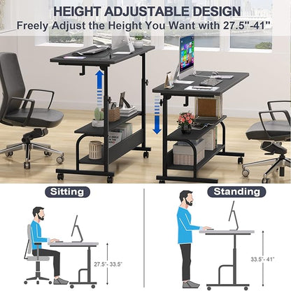 Armocity Rolling Standing Desk with Charging Station, Portable Height Adjustable Mobile Computer Desk with Wheels & 2-Tier Shelves & Hooks, Easy Assembly Laptop Table for Couch Bed, 39" Black